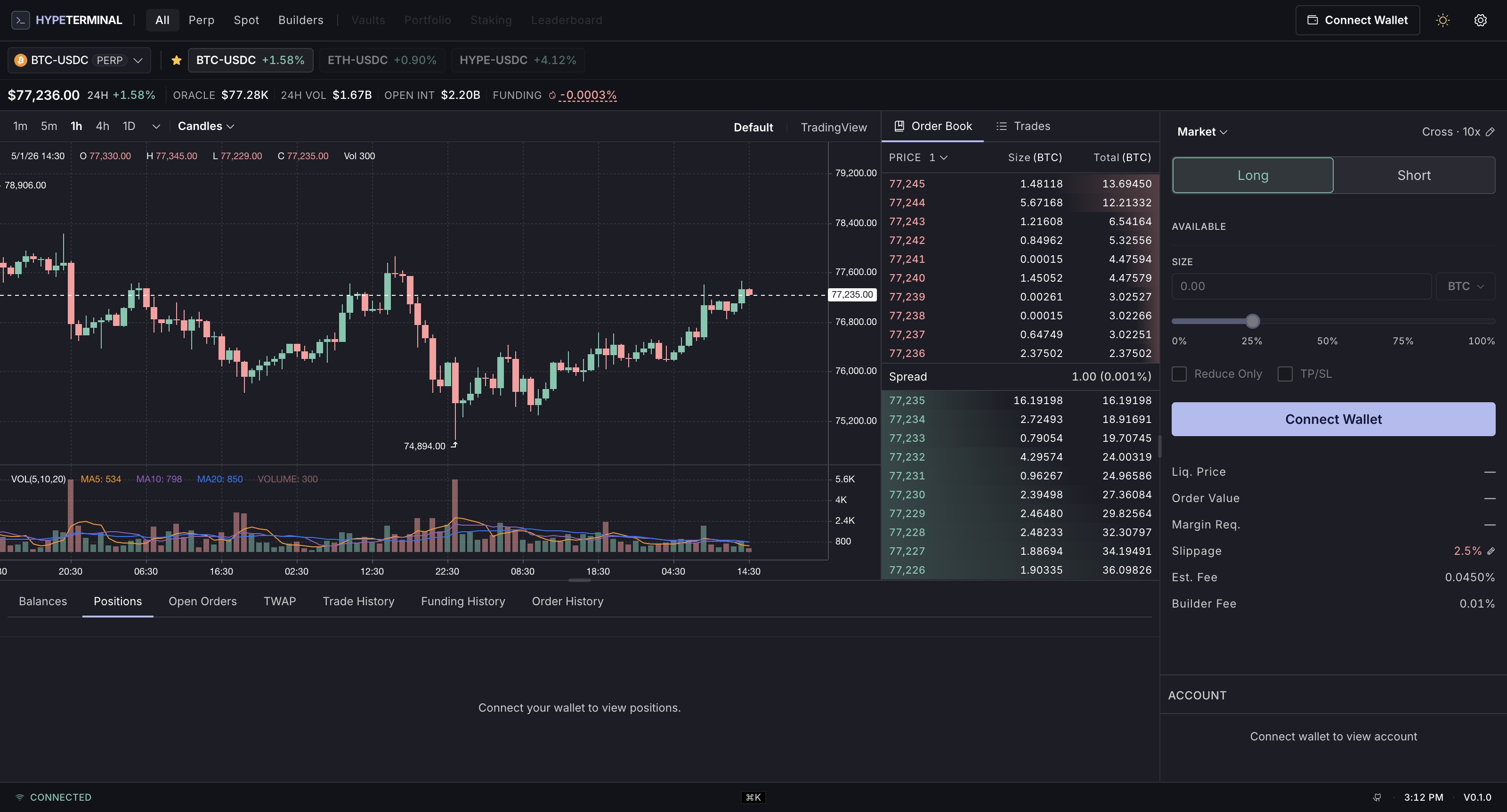 HyTerminal trading interface showing BTC-USDC chart, order book, and trade panel
